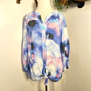 NWT Juniper + Lime Womens Large Tie Front Button Down Top‎ Multicolored